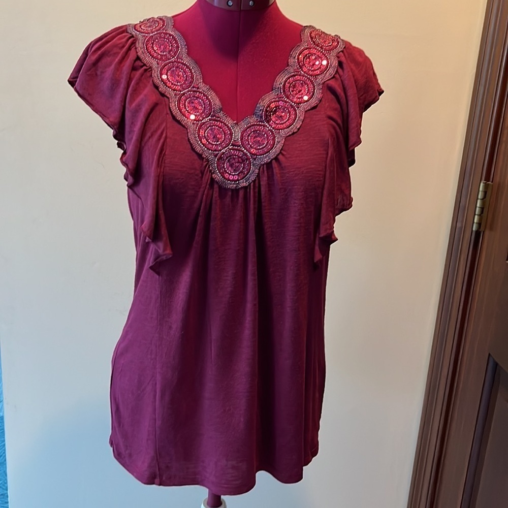 Vanity top V-neck/ sequin & embroidery Burgandy ruffled cap sleeves GUC size M